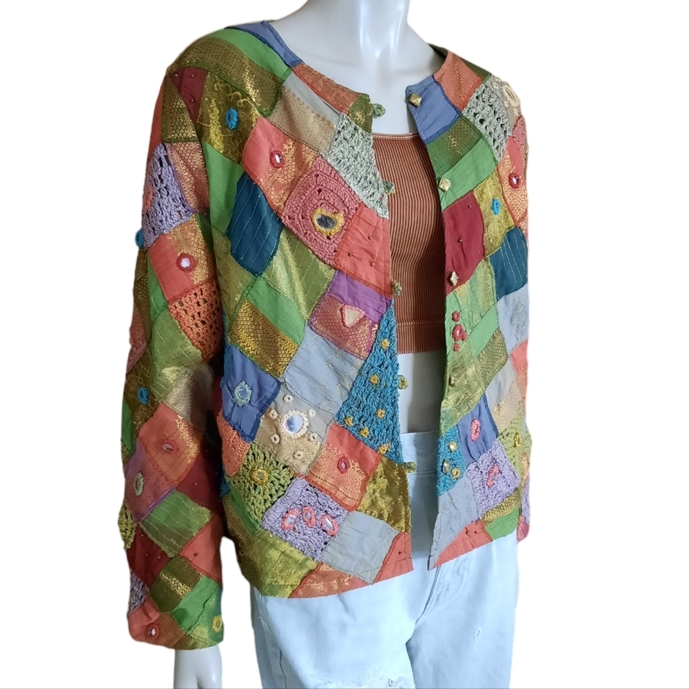 Patchwork Jacket Blazer Size Large Boho Hippie Ar… - image 1